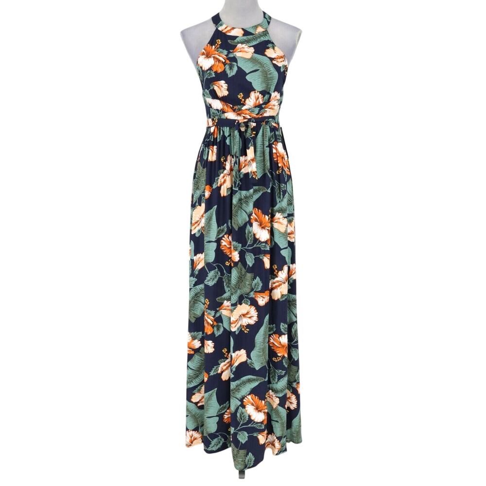 Lulus Maxi Dress Womens Medium Navy Blue Floral Open Back Rayon Zipper New